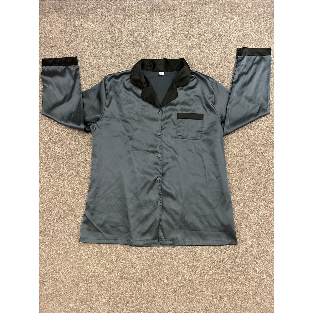 Vintage Satin Pajama Top Womens Large Gray Black Trim Excellent Sleep Shirt
